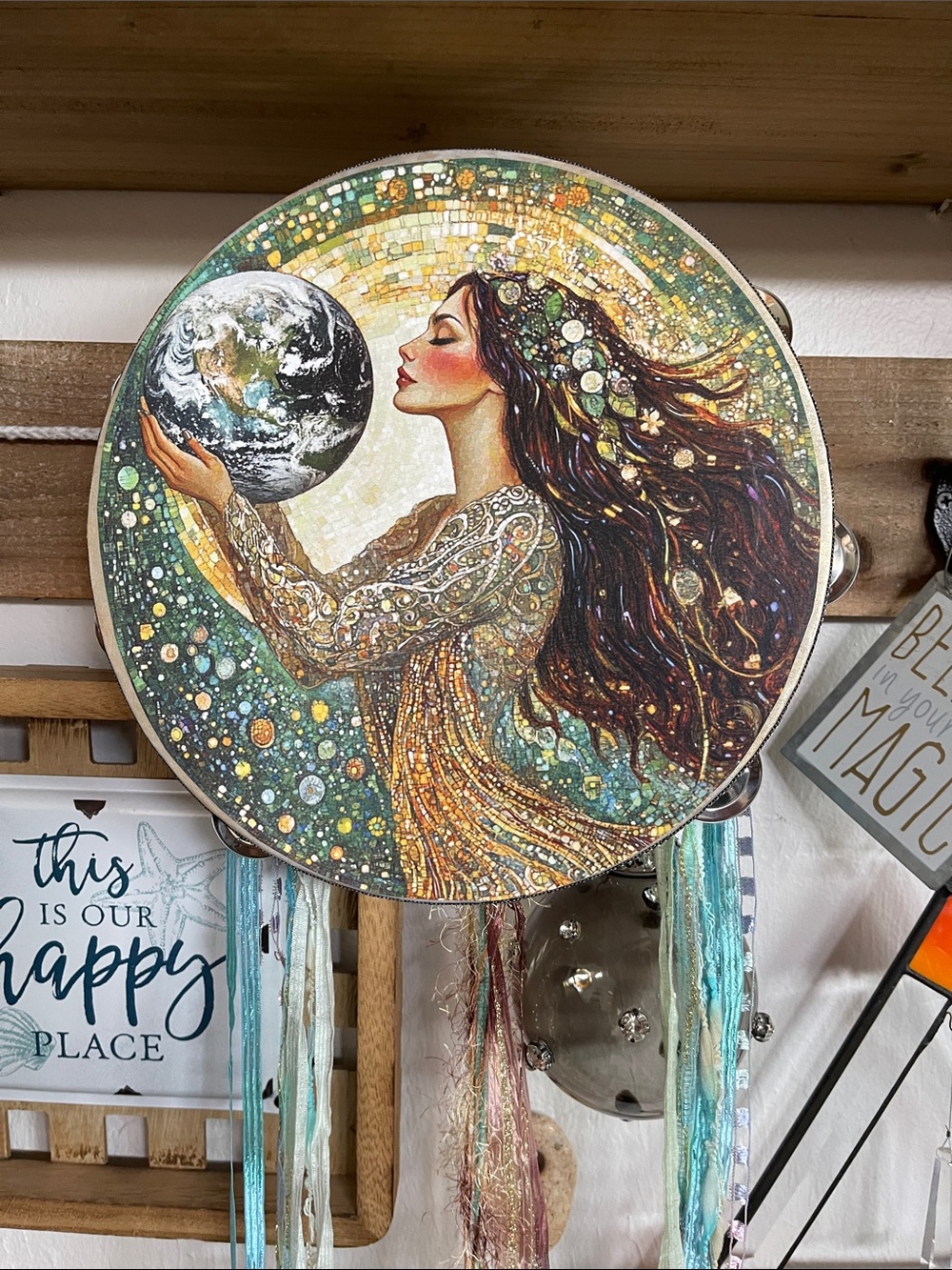 Decorative Round Tambourine with Woman Holding Earth - Green, Gold, Brown 10” - Picture 3 of 6